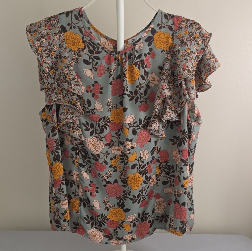 DR2 Floral V-Neck Flutter Ruffle Sleeve Chiffon Polyester Blouse 2XL Gray